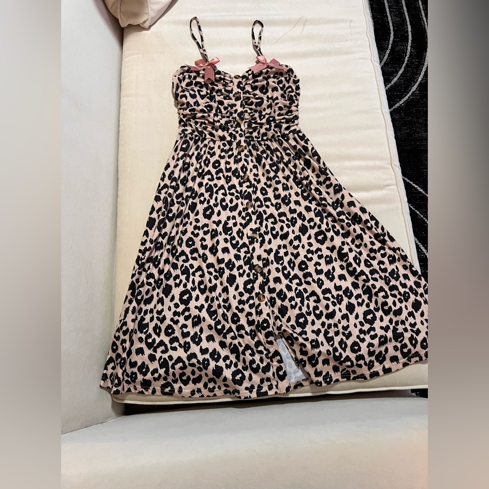 Ruffle Leopard Print Dress with Pink Bow Detail